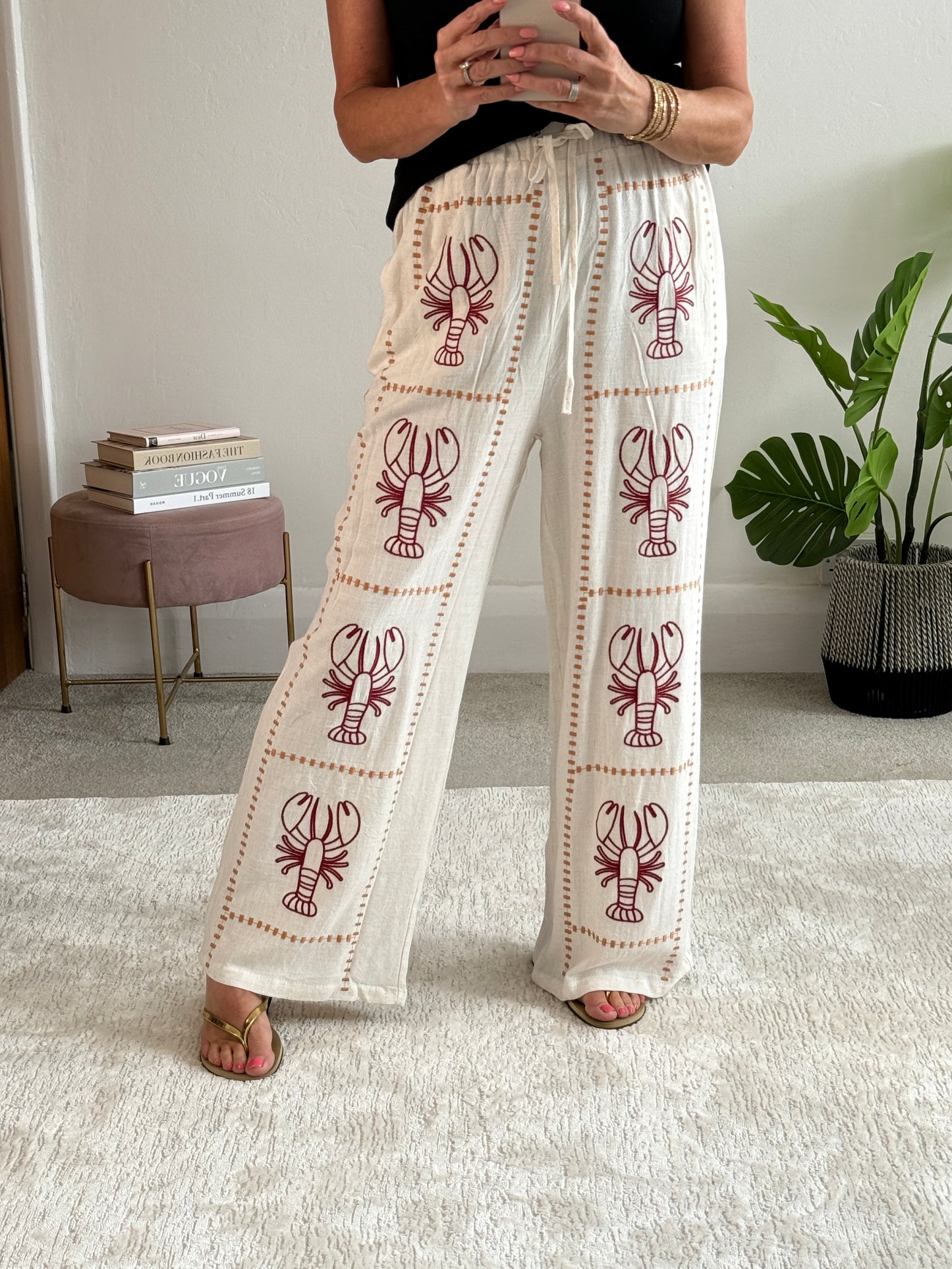 Oatmeal 🦞 Lobster Embroidered Cotton Trousers
