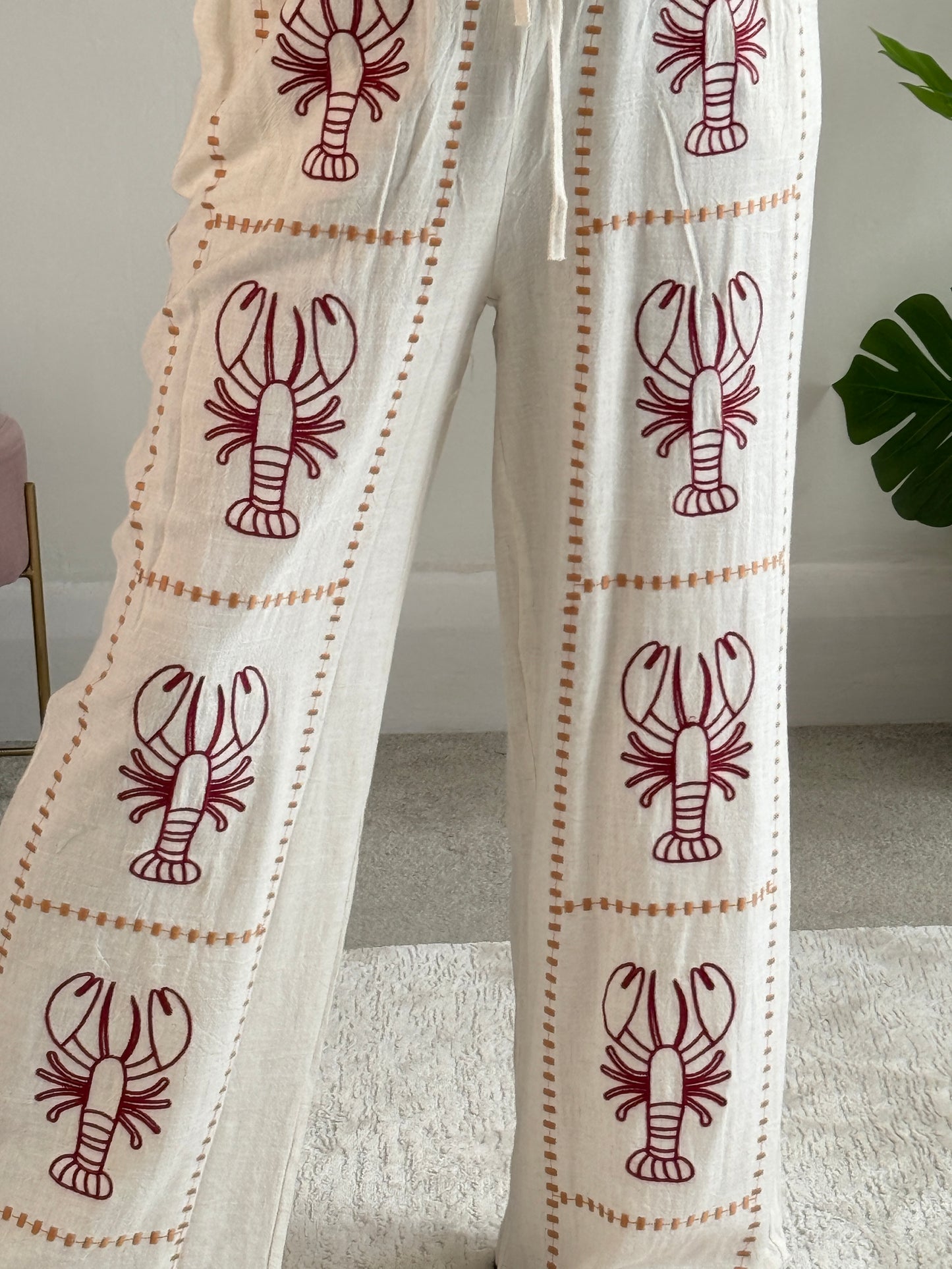 Oatmeal 🦞 Lobster Embroidered Cotton Trousers