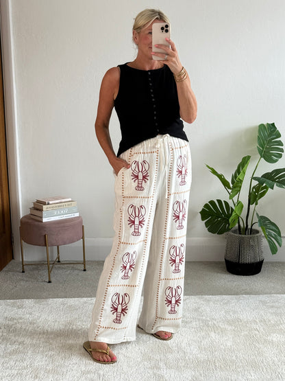 Oatmeal 🦞 Lobster Embroidered Cotton Trousers
