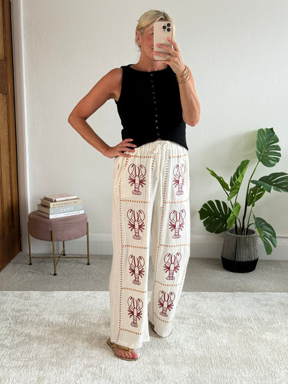 Oatmeal 🦞 Lobster Embroidered Cotton Trousers