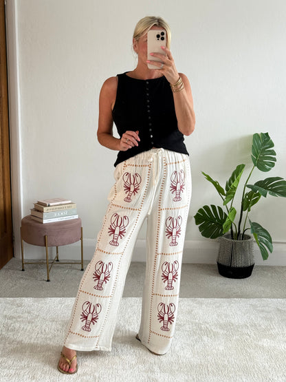 Oatmeal 🦞 Lobster Embroidered Cotton Trousers