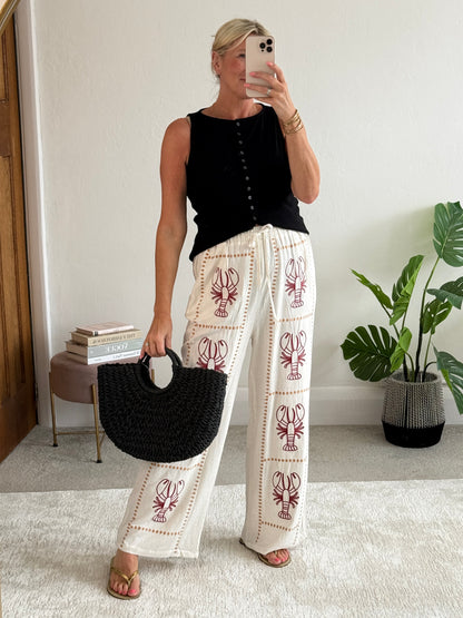 Oatmeal 🦞 Lobster Embroidered Cotton Trousers