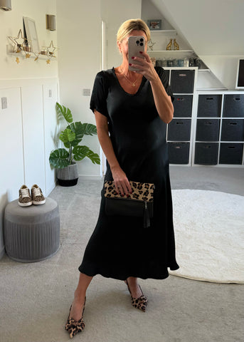 Black Short Sleeve Satin Slip Dress