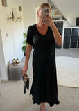 Black Short Sleeve Satin Slip Dress