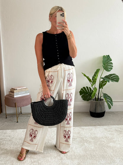 Oatmeal 🦞 Lobster Embroidered Cotton Trousers