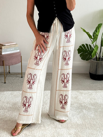 Oatmeal 🦞 Lobster Embroidered Cotton Trousers
