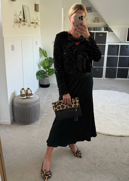 Lanika Black Bow Tie Front Sequin Jacket