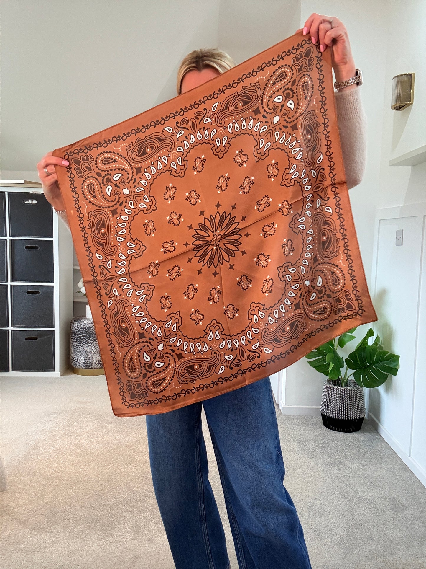 Tan Paisley Bandana Square Silk Touch Scarf 70cm