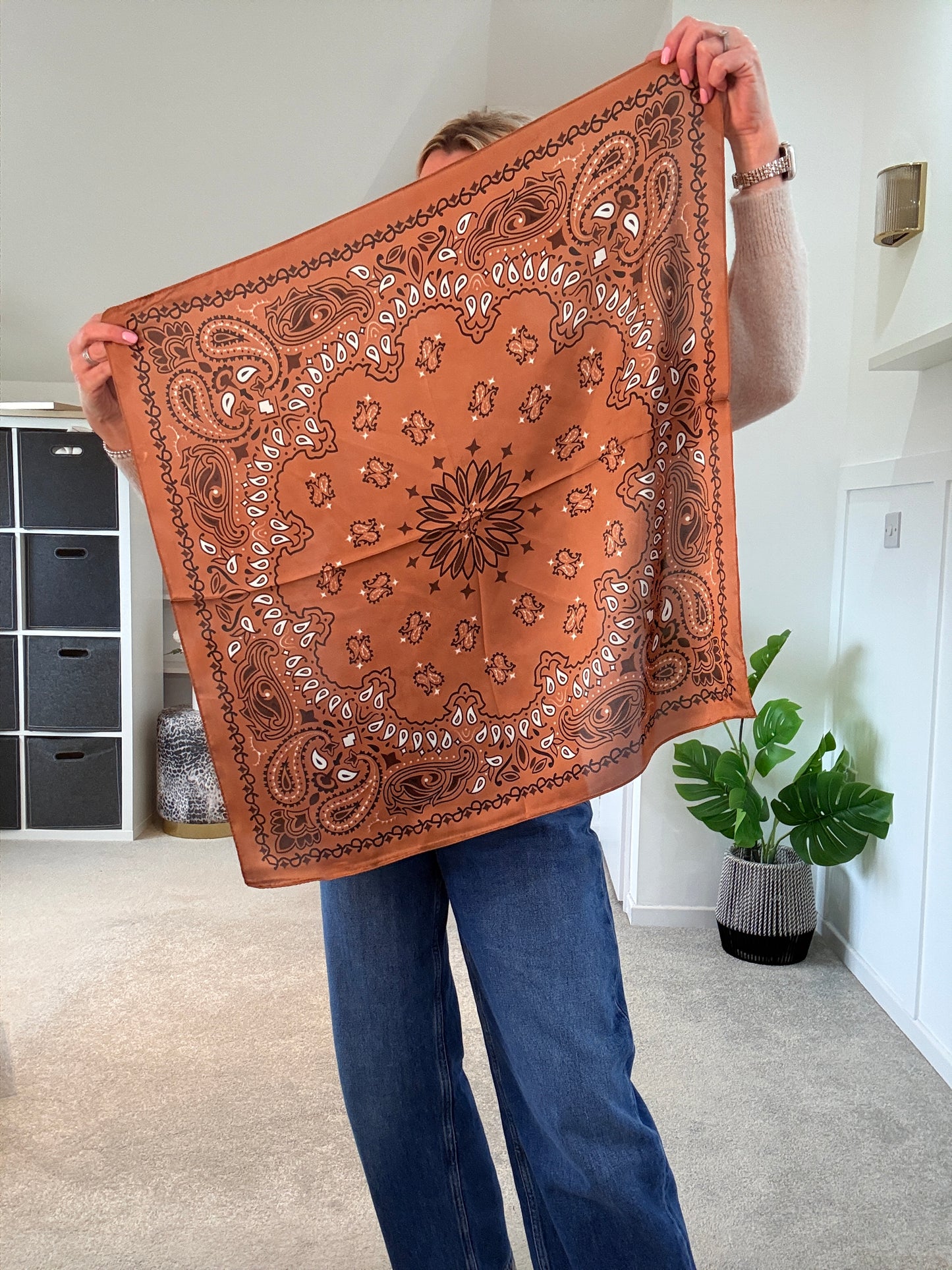 Tan Paisley Bandana Square Silk Touch Scarf 70cm