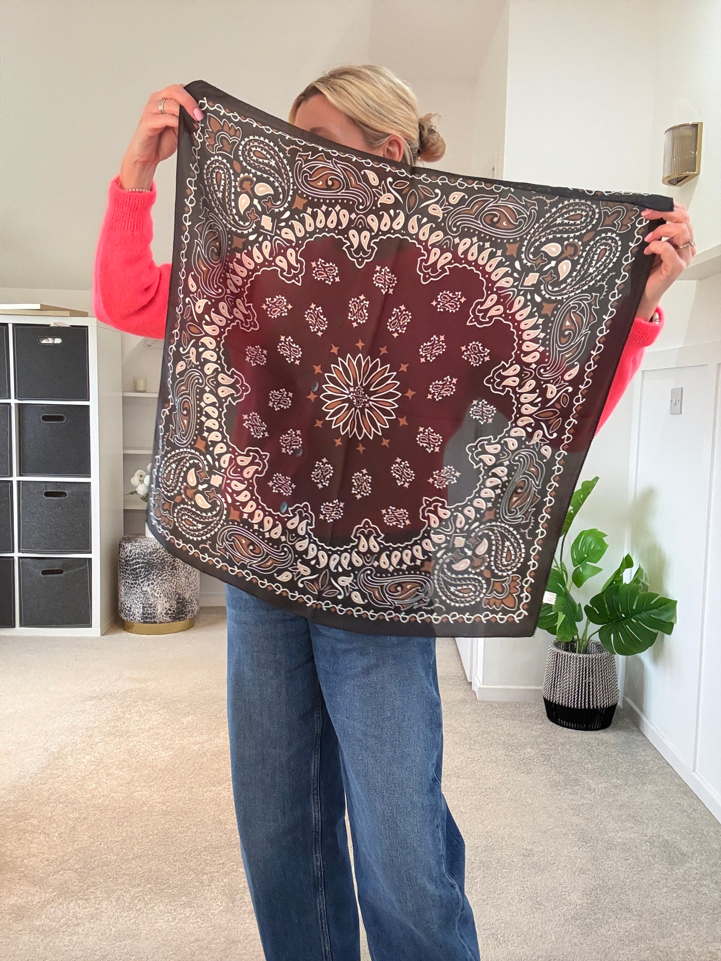 Tan Paisley Bandana Square Silk Touch Scarf 70cm