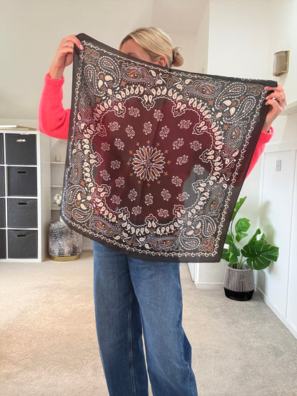Tan Paisley Bandana Square Silk Touch Scarf 70cm