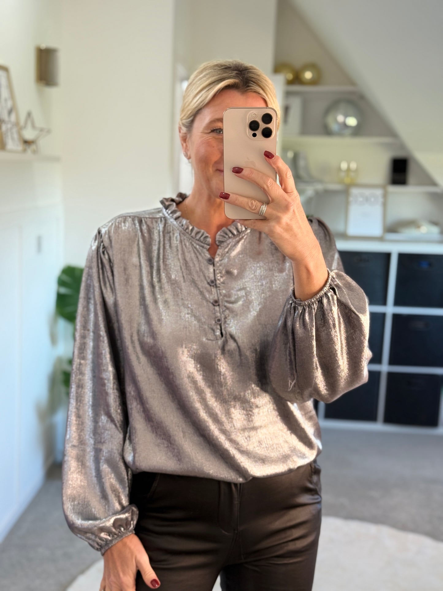 Silver Metallic Ruffle Neck Blouse PRE ORDER