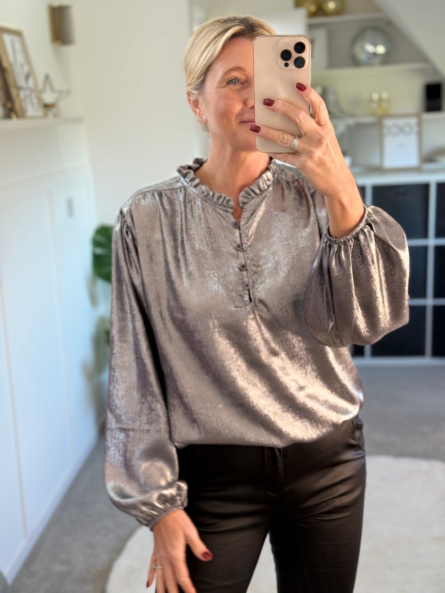 Silver Metallic Ruffle Neck Blouse PRE ORDER