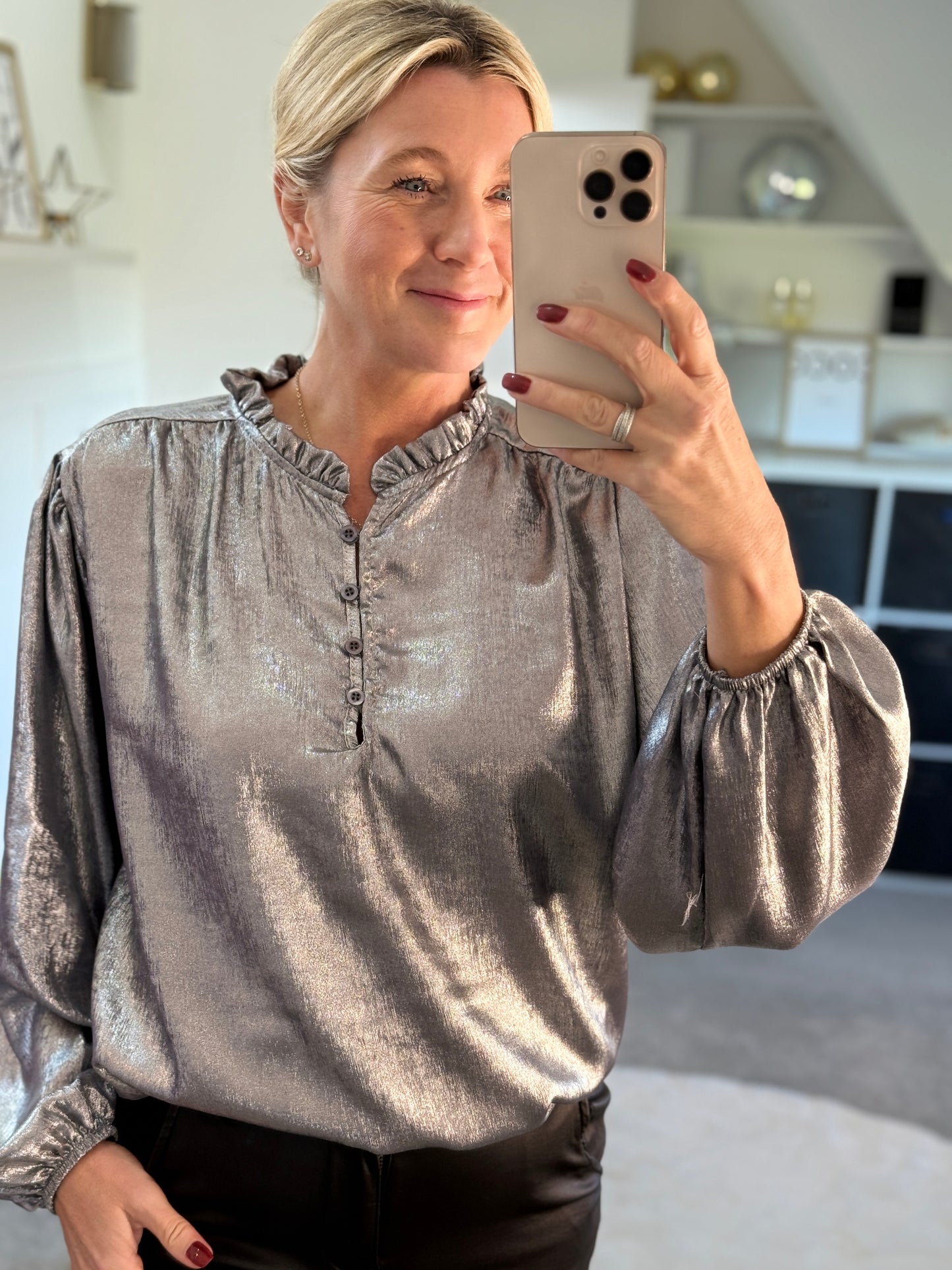 Silver Metallic Ruffle Neck Blouse PRE ORDER