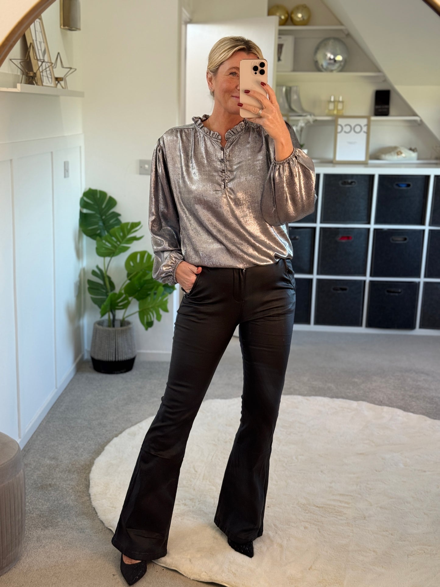 Silver Metallic Ruffle Neck Blouse PRE ORDER