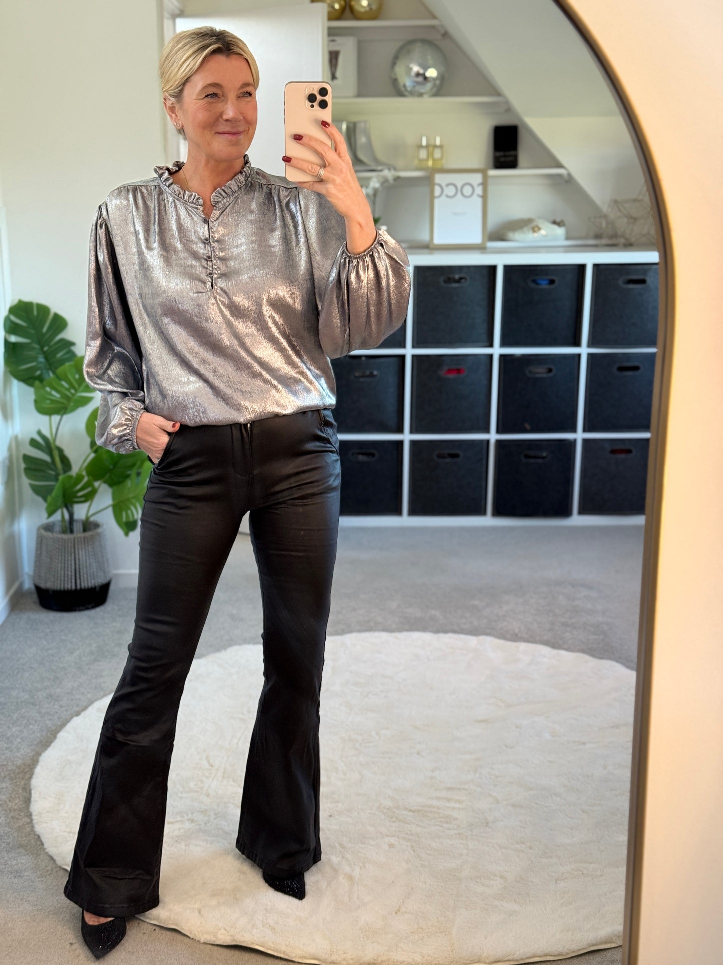 Gold Metallic Ruffle Neck Blouse