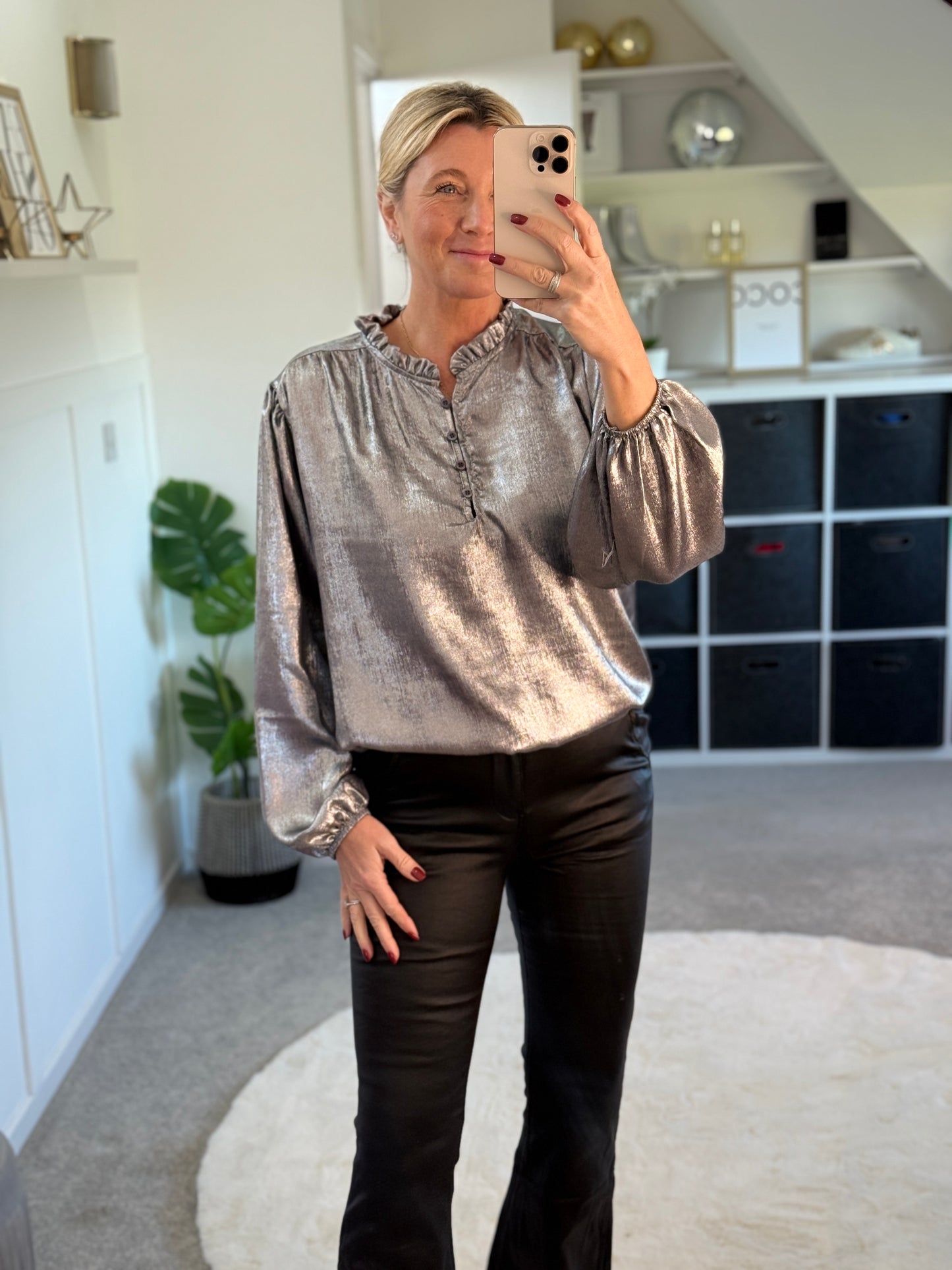 Silver Metallic Ruffle Neck Blouse PRE ORDER