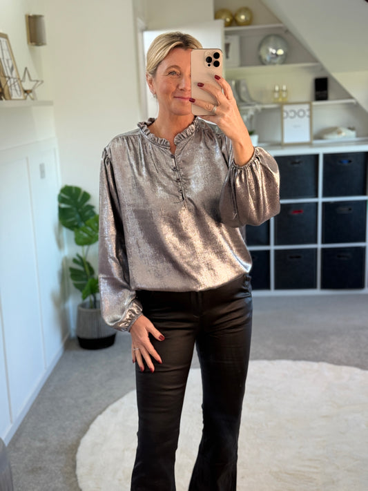 Silver Metallic Ruffle Neck Blouse PRE ORDER