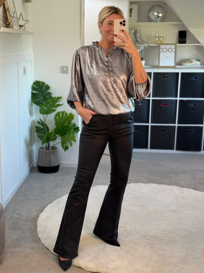 Silver Metallic Ruffle Neck Blouse PRE ORDER