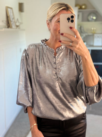 Silver Metallic Ruffle Neck Blouse PRE ORDER