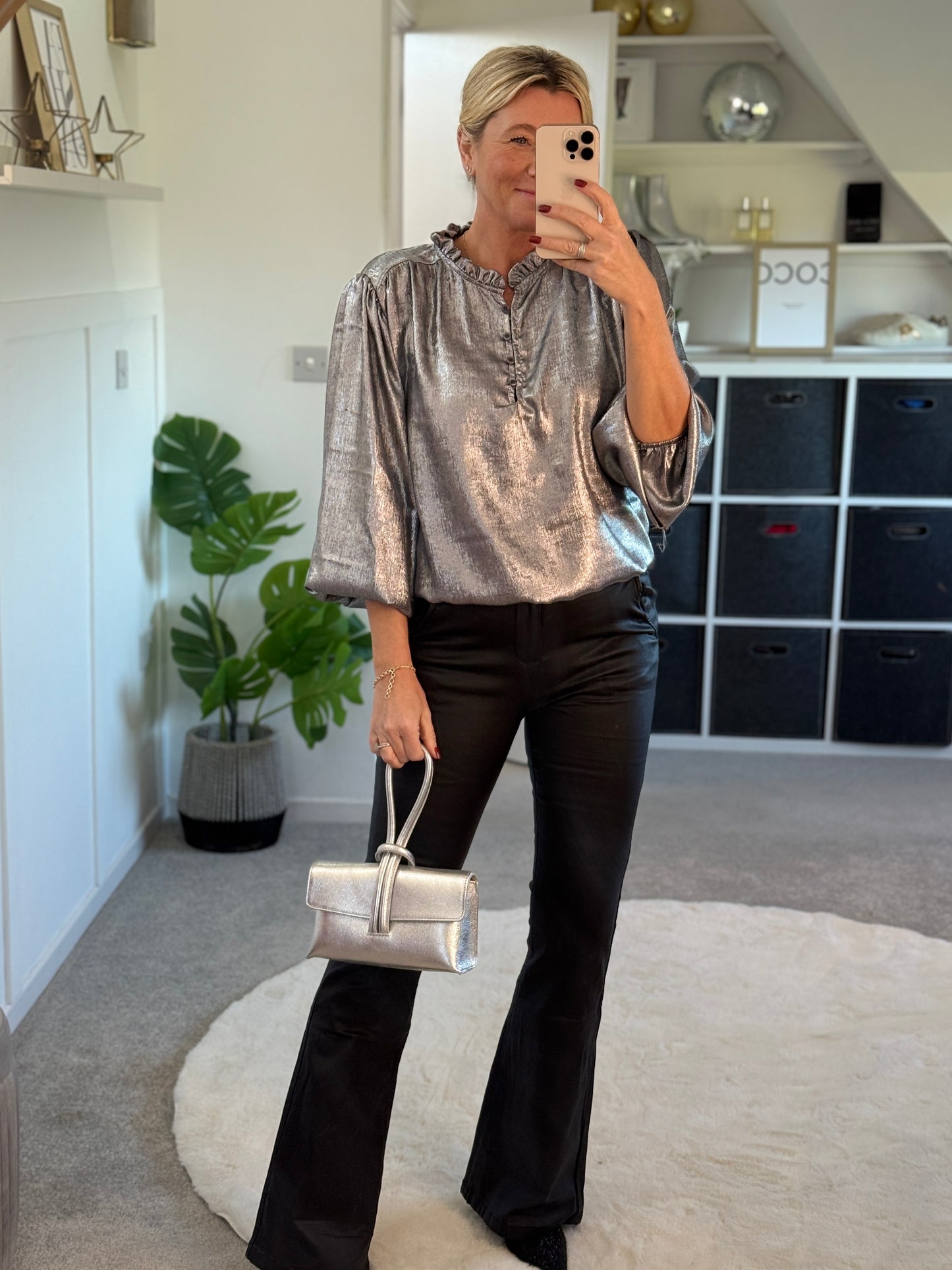 Silver Metallic Ruffle Neck Blouse PRE ORDER