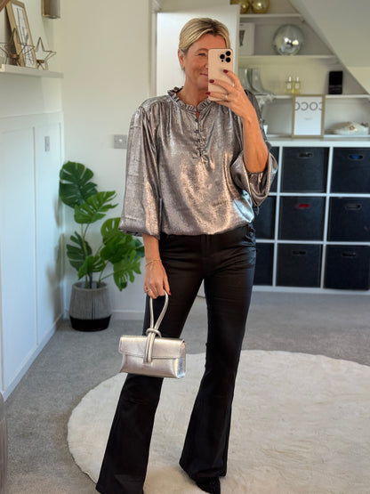 Silver Metallic Ruffle Neck Blouse PRE ORDER