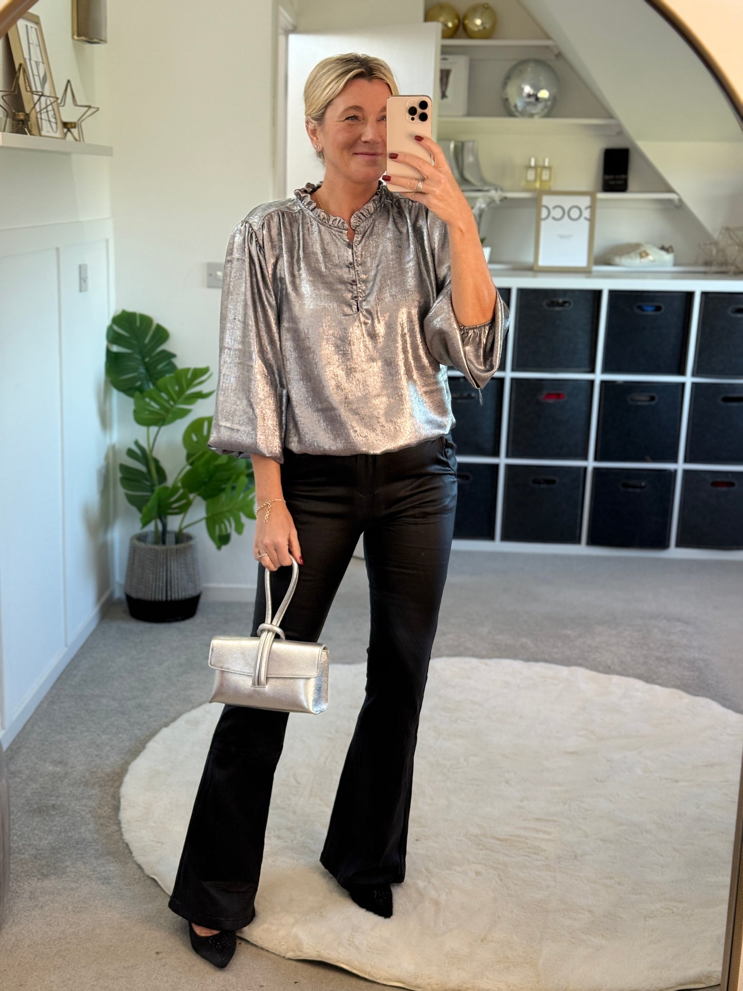 Silver Metallic Ruffle Neck Blouse PRE ORDER
