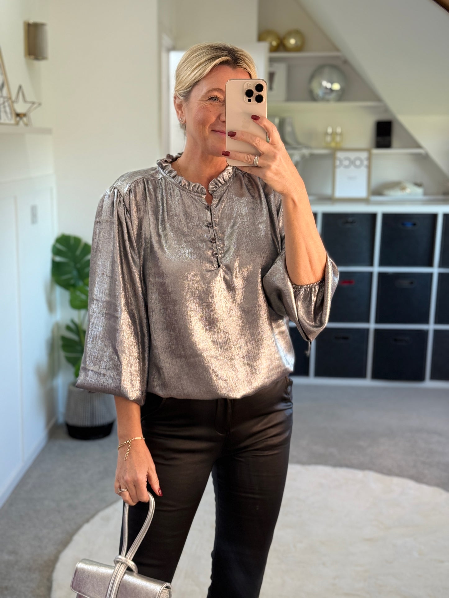 Silver Metallic Ruffle Neck Blouse PRE ORDER