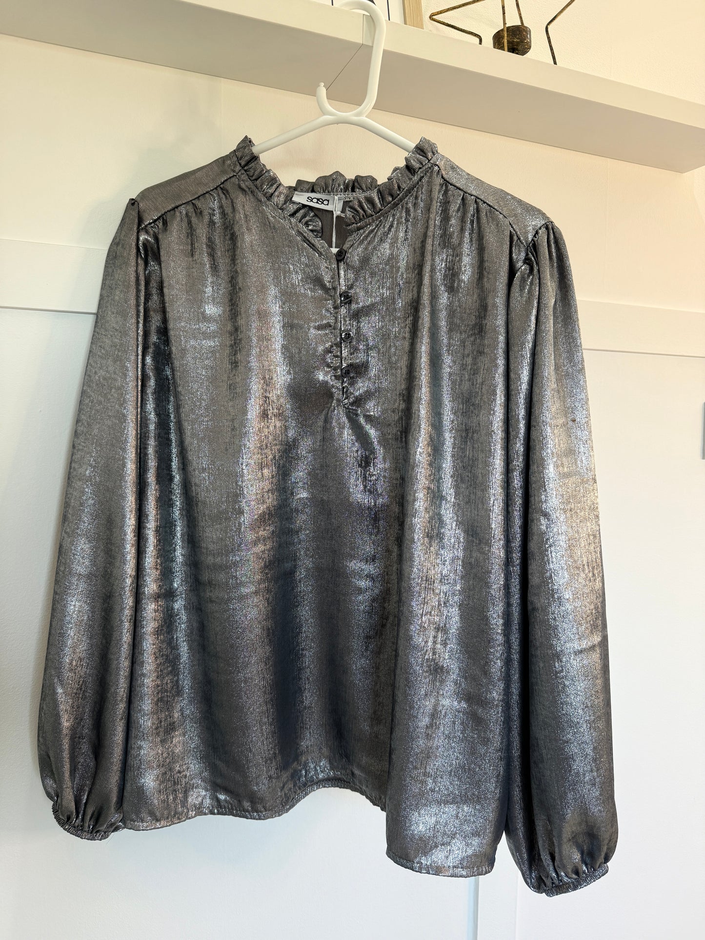 Silver Metallic Ruffle Neck Blouse PRE ORDER
