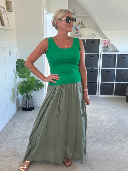 Khaki Cotton Pocket Maxi Skirt