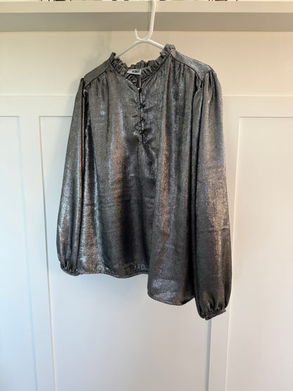Silver Metallic Ruffle Neck Blouse PRE ORDER