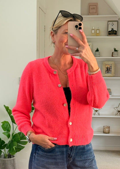Neon Coral Alpaca Mix Button Cardigan