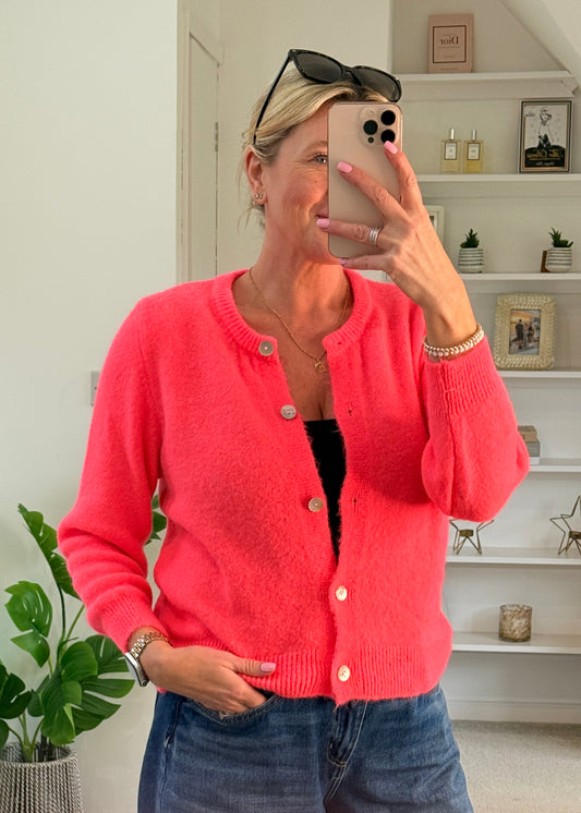 Neon Coral Alpaca Mix Button Cardigan