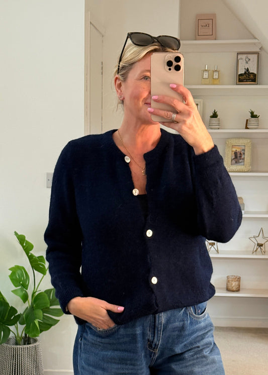 Navy Alpaca Mix Button Cardigan