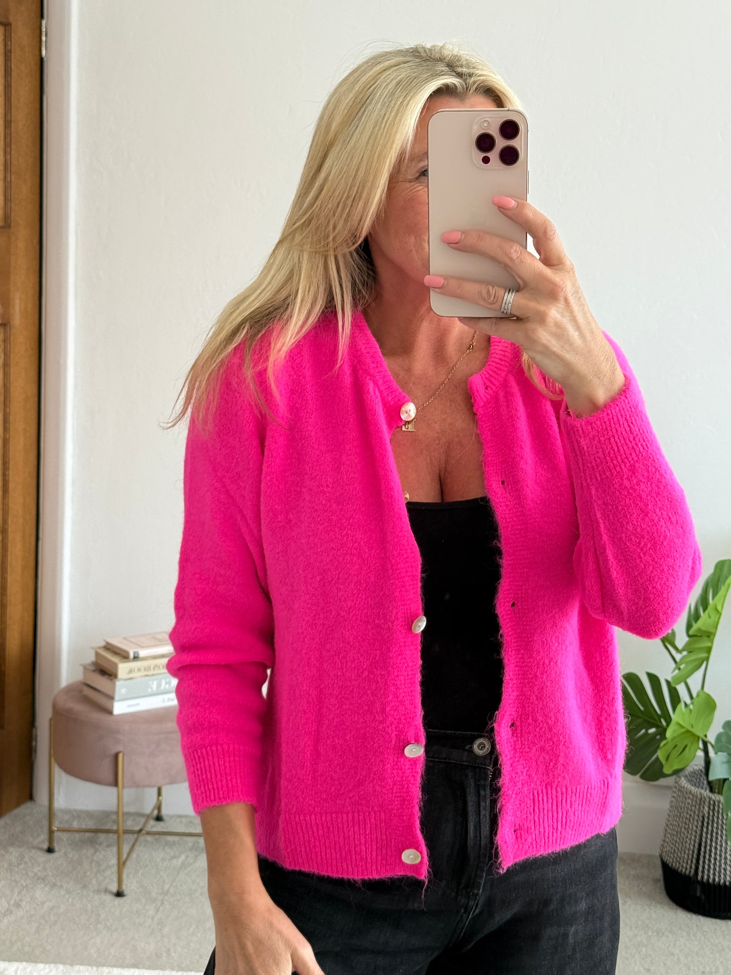 Neon Pink Alpaca Mix Button Cardigan
