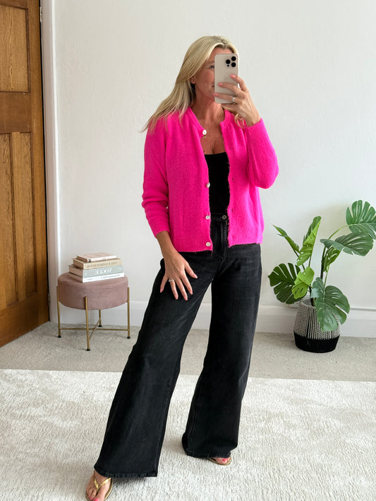 Neon Pink Alpaca Mix Button Cardigan
