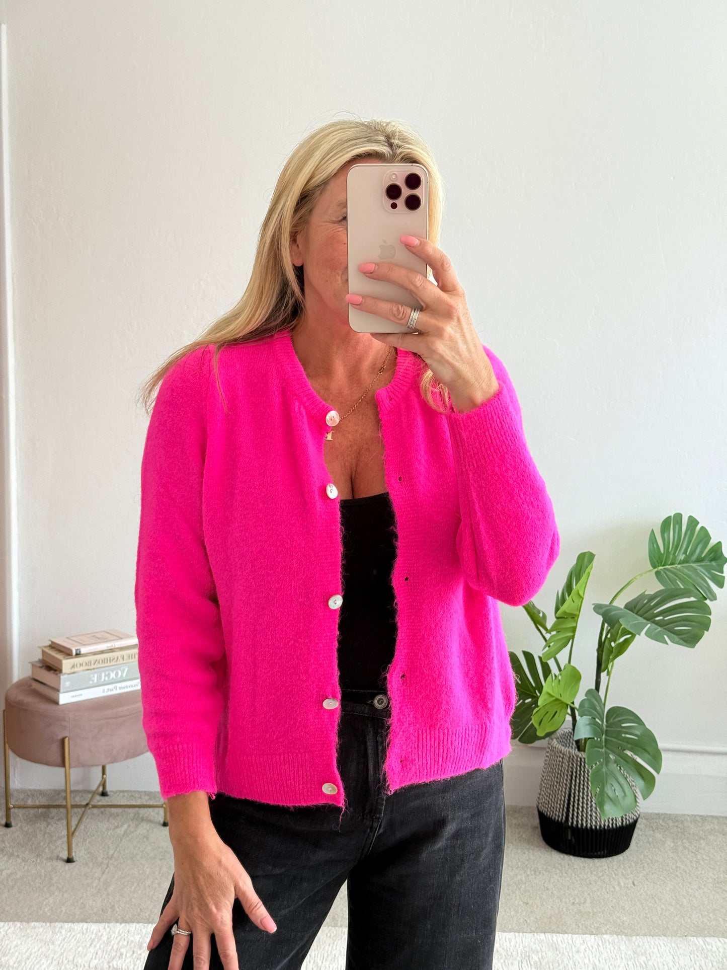 Neon Pink Alpaca Mix Button Cardigan