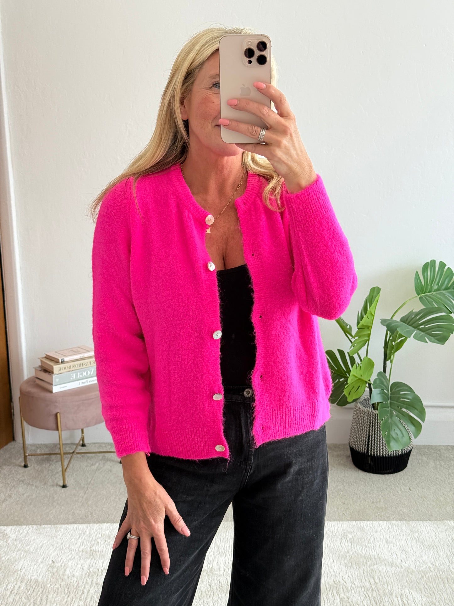 Neon Pink Alpaca Mix Button Cardigan