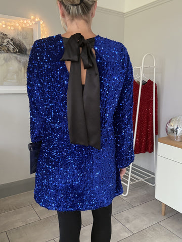 Cobalt Sequin Satin Bow Back Dress