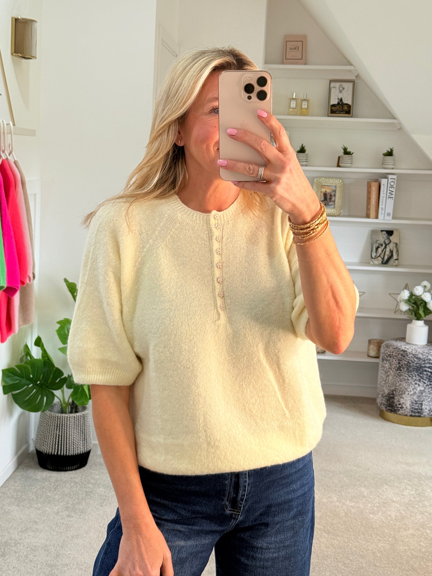 French Blue Alpaca Mix Diamanté Button Jumper