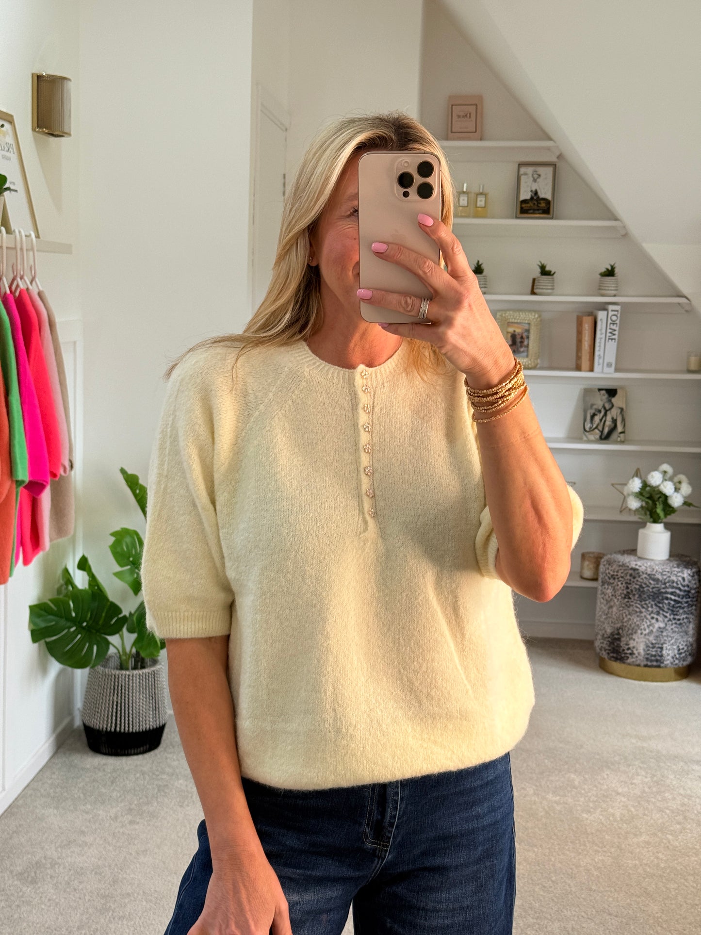 French Blue Alpaca Mix Diamanté Button Jumper