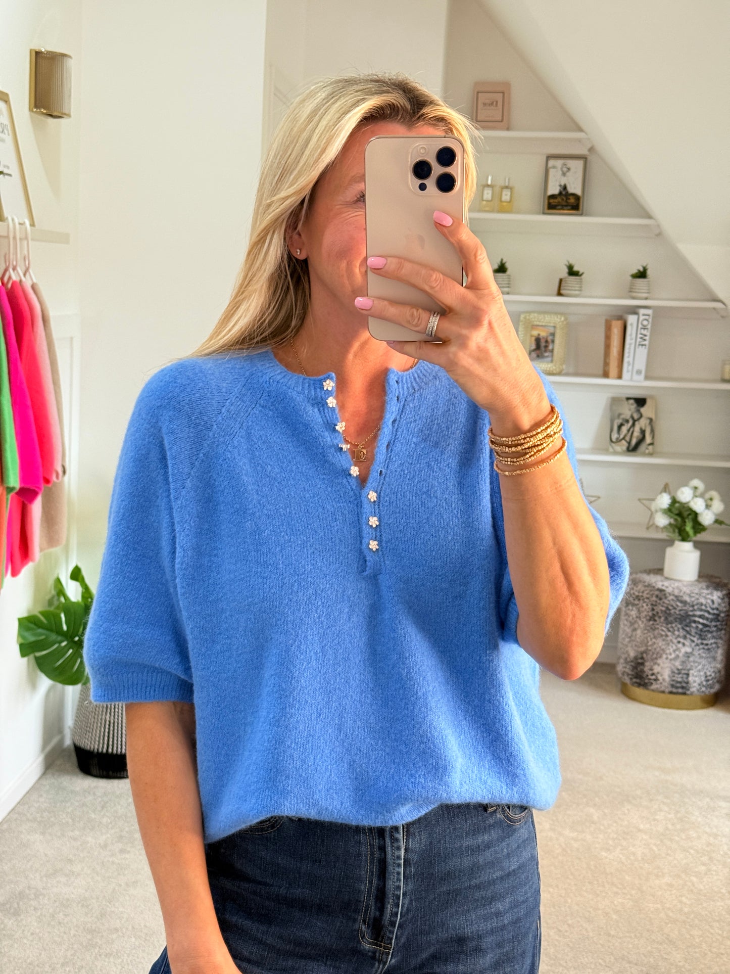 French Blue Alpaca Mix Diamanté Button Jumper
