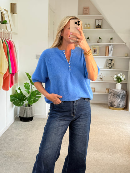 French Blue Alpaca Mix Diamanté Button Jumper