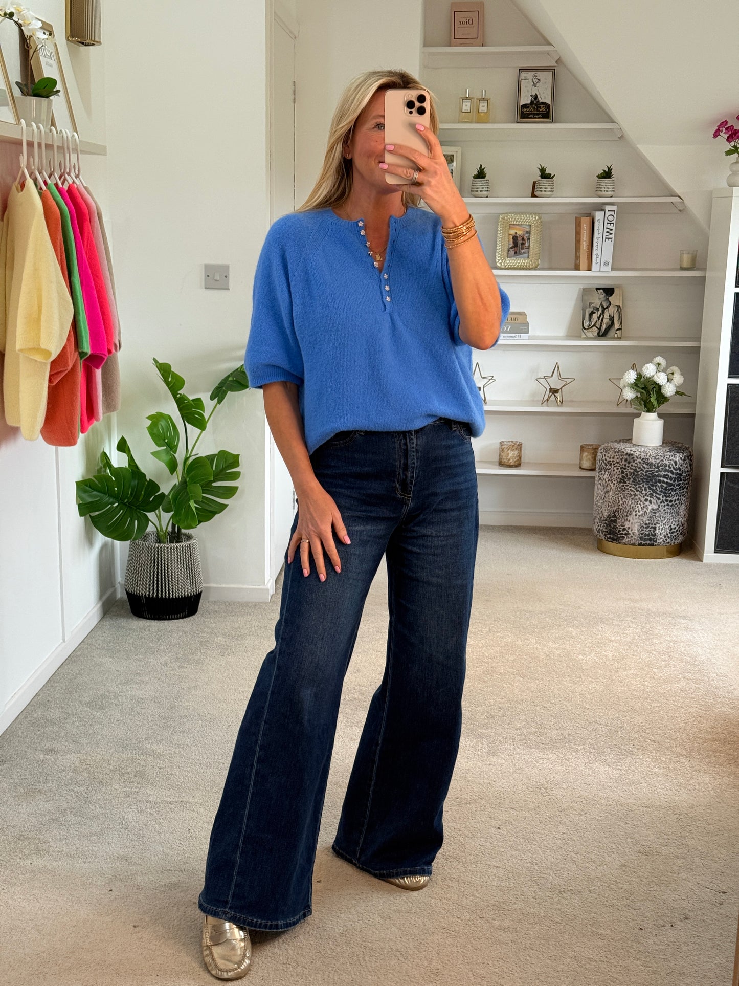 French Blue Alpaca Mix Diamanté Button Jumper