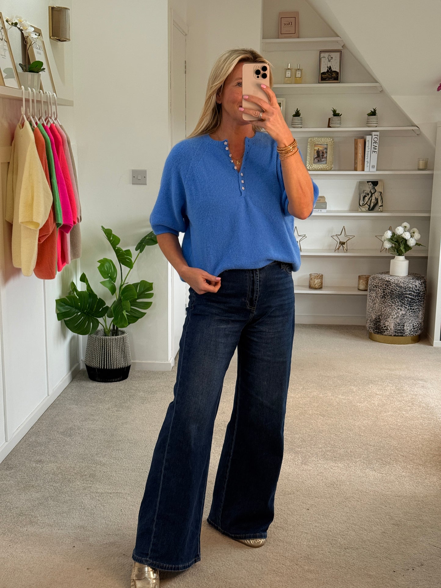 French Blue Alpaca Mix Diamanté Button Jumper