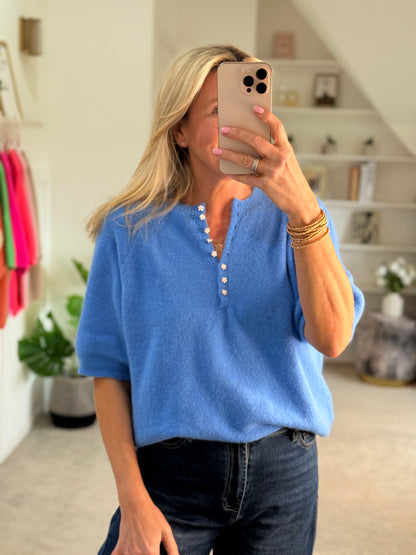 French Blue Alpaca Mix Diamanté Button Jumper
