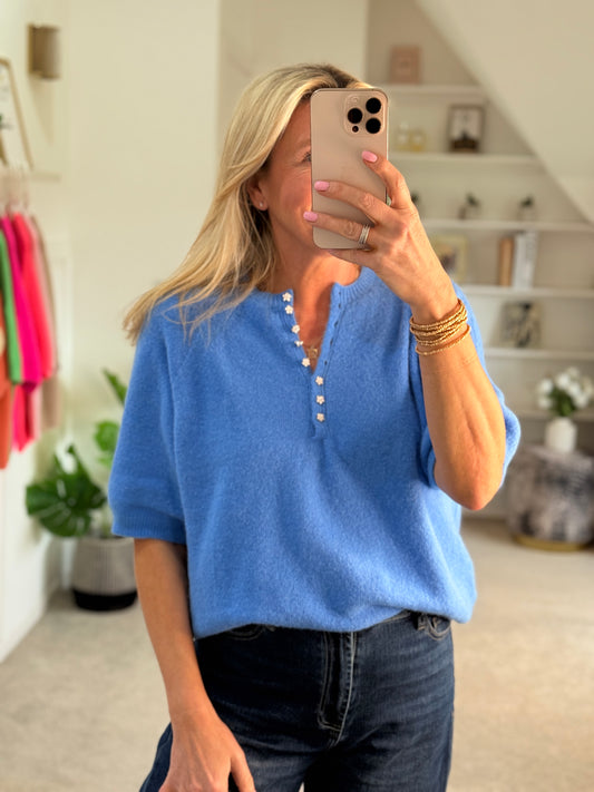 French Blue Alpaca Mix Diamanté Button Jumper