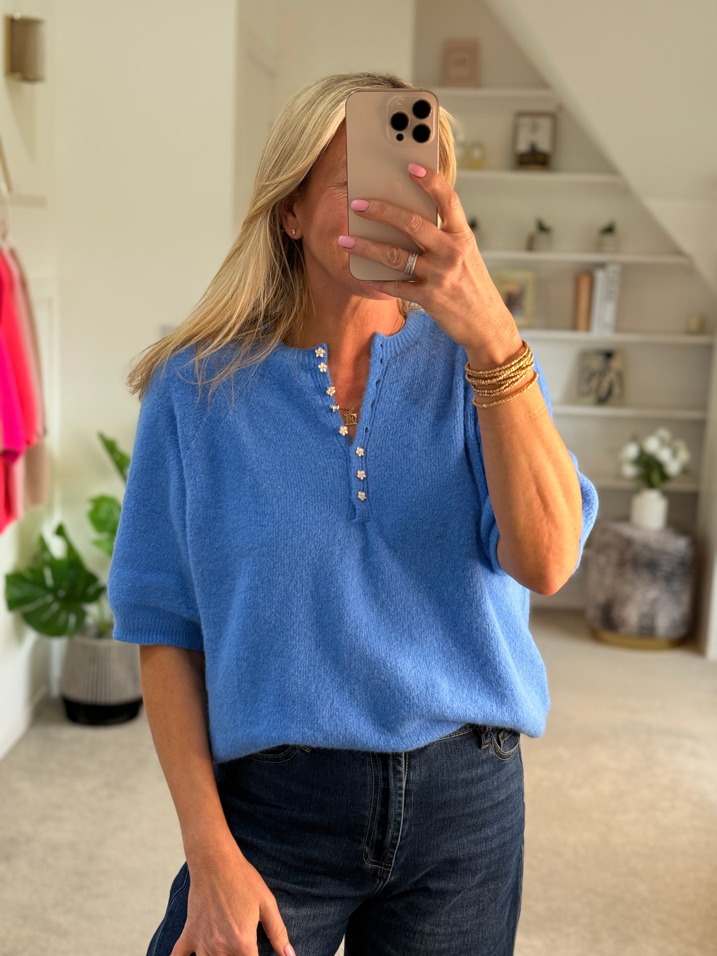 French Blue Alpaca Mix Diamanté Button Jumper