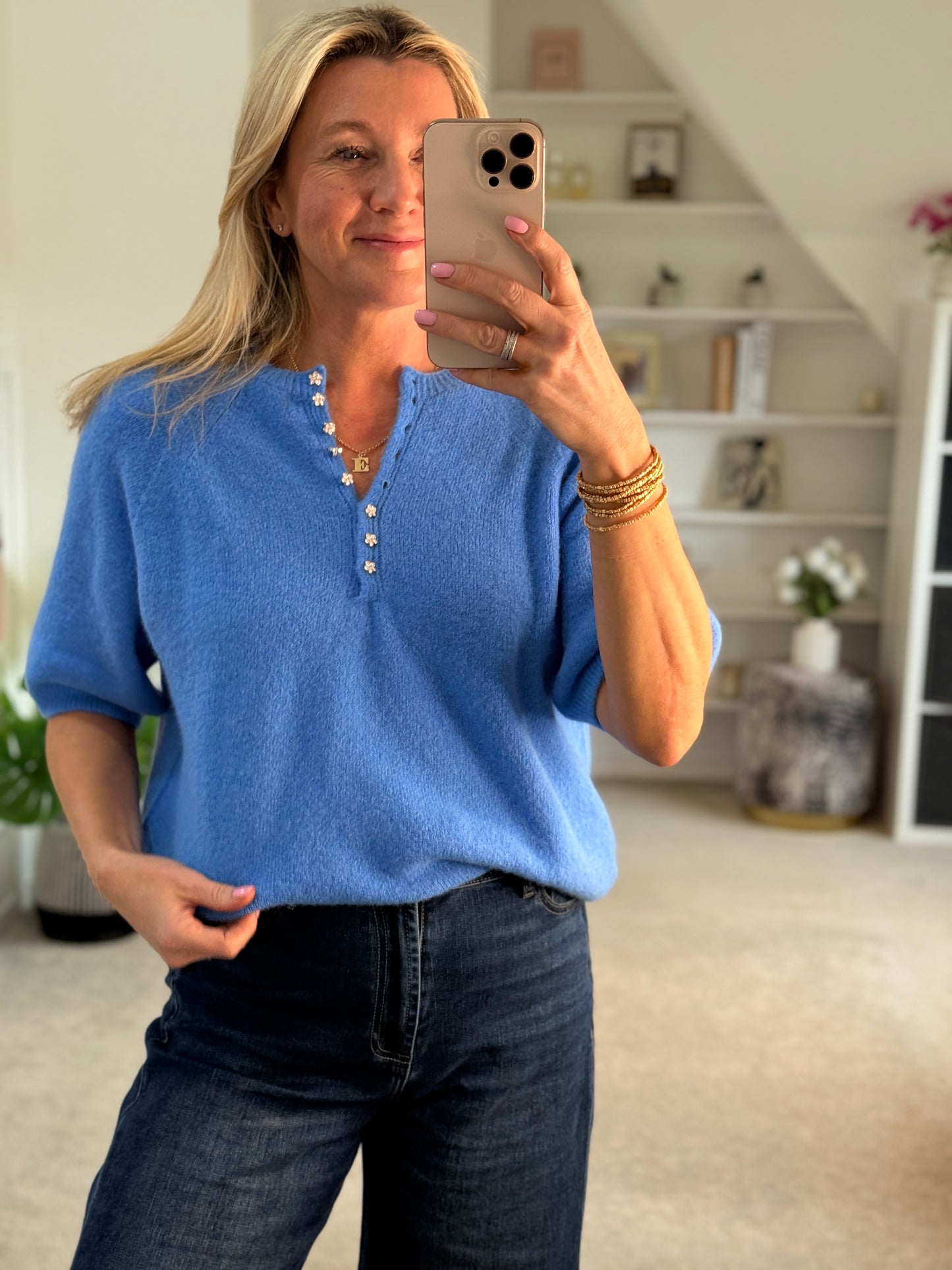 French Blue Alpaca Mix Diamanté Button Jumper