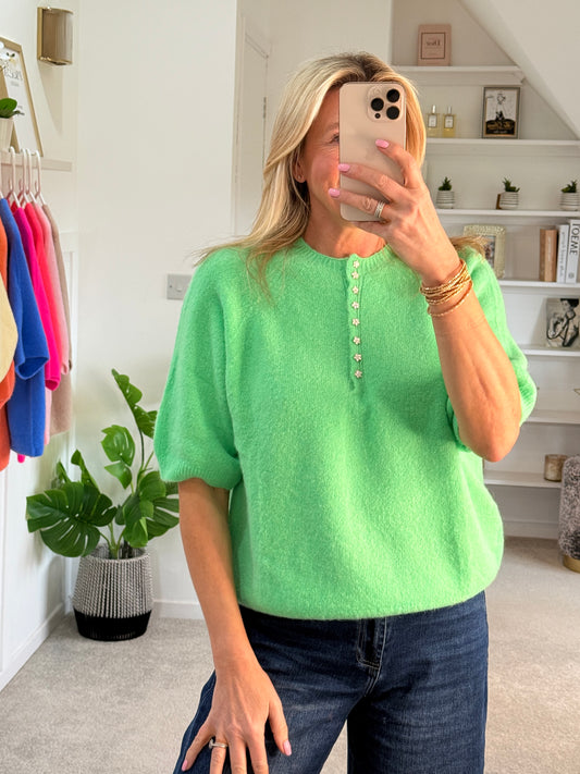 Spring Green Alpaca Mix Diamanté Button Jumper